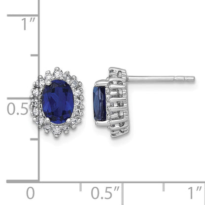 Sterling Silver Rhodium-plated Polished Lab Created Sapphire and CZ Oval Halo Post Earrings