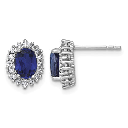 Sterling Silver Rhodium-plated Polished Lab Created Sapphire and CZ Oval Halo Post Earrings
