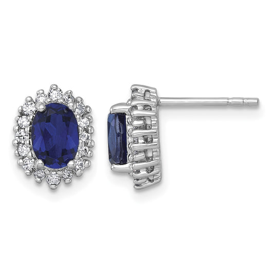 Sterling Silver Rhodium-plated Polished Lab Created Sapphire and CZ Oval Halo Post Earrings