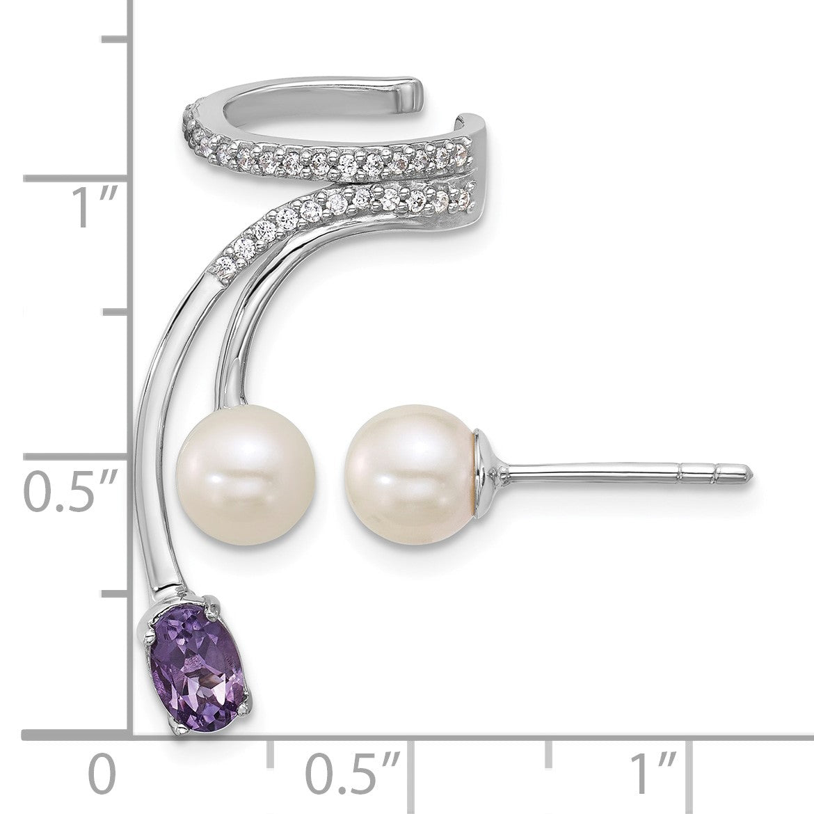 Sterling Silver Rhodium-plated CZ, White Freshwater Cultured Pearl and .45ct Oval Amethyst Post and Cuff Asymmetric Earrings