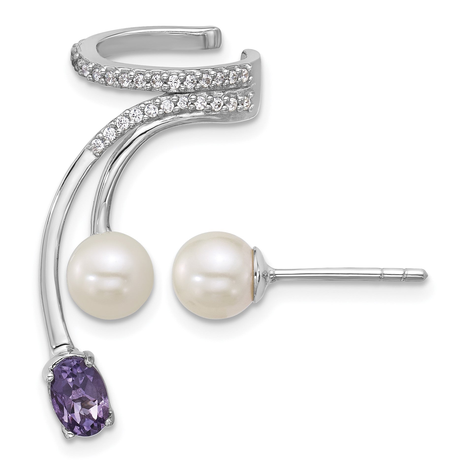 Sterling Silver Rhodium-plated CZ, White Freshwater Cultured Pearl and .45ct Oval Amethyst Post and Cuff Asymmetric Earrings