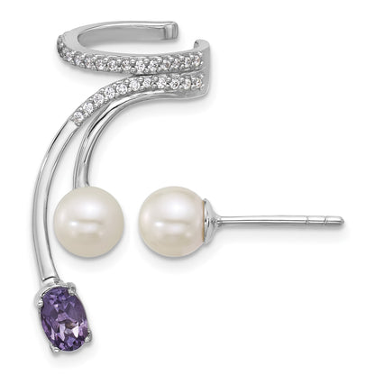 Sterling Silver Rhodium-plated CZ, White Freshwater Cultured Pearl and .45ct Oval Amethyst Post and Cuff Asymmetric Earrings