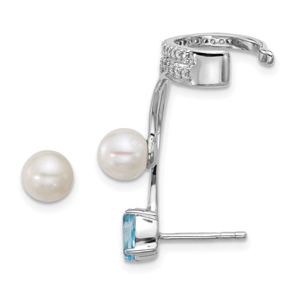 Sterling Silver Rhodium-plated CZ, White Freshwater Cultured Pearl and .58ct Oval Blue Topaz Post and Cuff Asymmetric Earrings