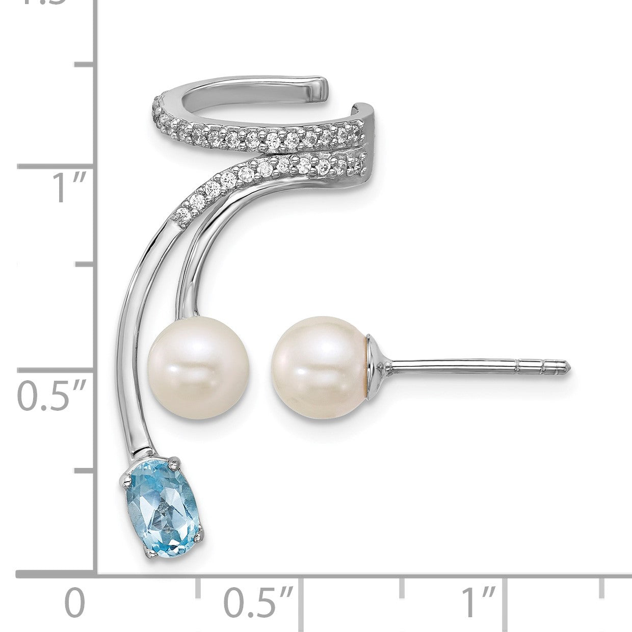 Sterling Silver Rhodium-plated CZ, White Freshwater Cultured Pearl and .58ct Oval Blue Topaz Post and Cuff Asymmetric Earrings