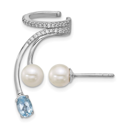 Sterling Silver Rhodium-plated CZ, White Freshwater Cultured Pearl and .58ct Oval Blue Topaz Post and Cuff Asymmetric Earrings