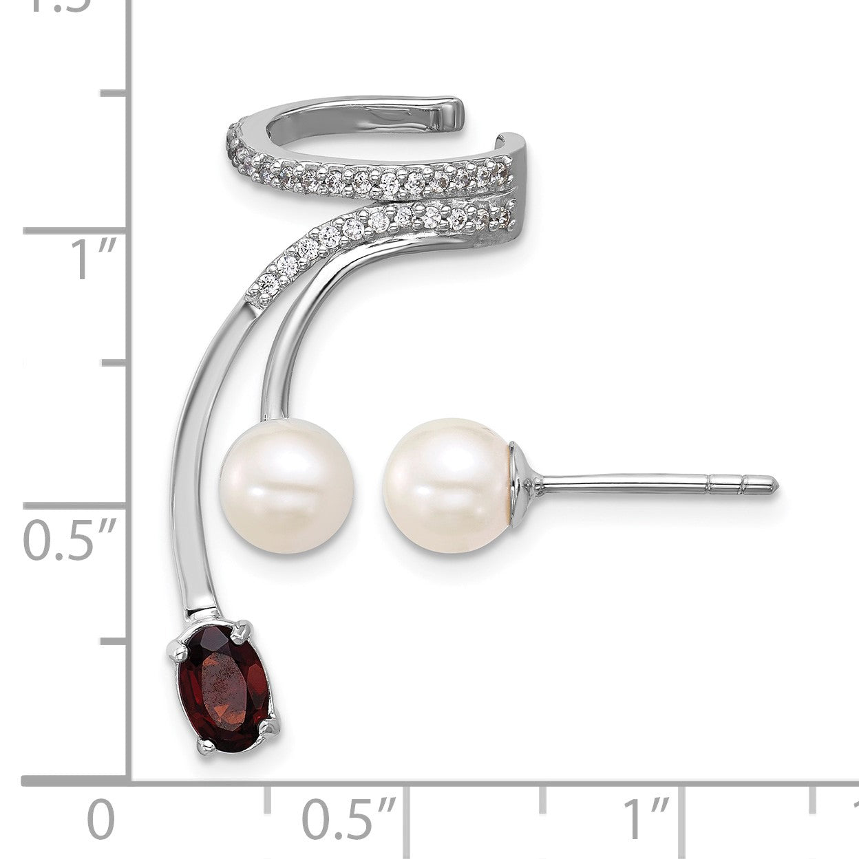Sterling Silver Rhodium-plated CZ, White Freshwater Cultured Pearl and .57ct Oval Garnet Post and Cuff Asymmetric Earrings
