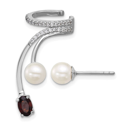 Sterling Silver Rhodium-plated CZ, White Freshwater Cultured Pearl and .57ct Oval Garnet Post and Cuff Asymmetric Earrings