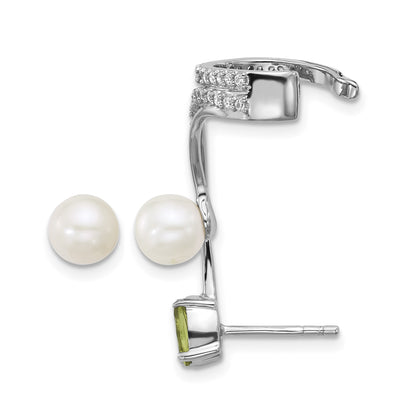 Sterling Silver Rhodium-plated CZ, White Freshwater Cultured Pearl and .49ct Oval Peridot Post and Cuff Asymmetric Earrings