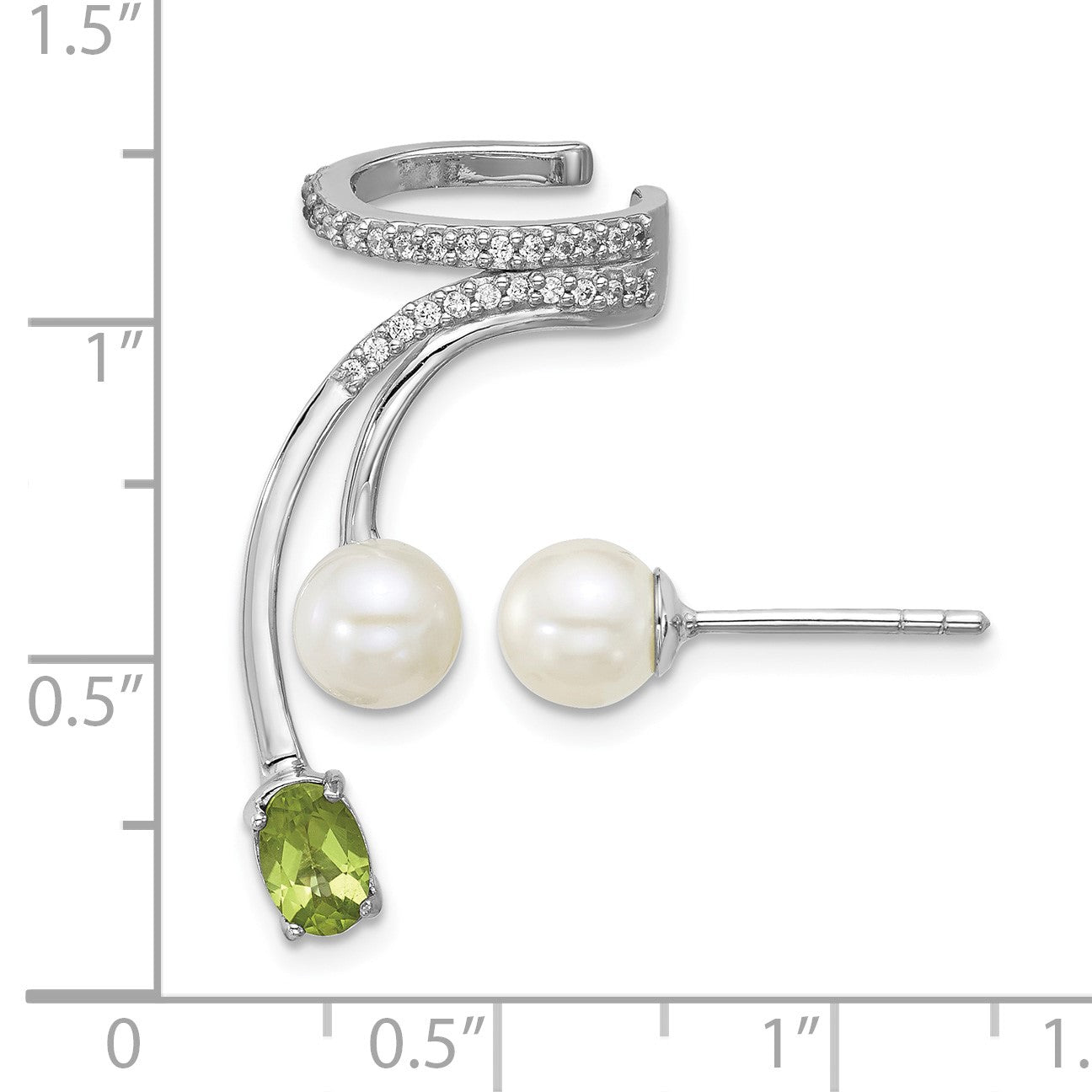 Sterling Silver Rhodium-plated CZ, White Freshwater Cultured Pearl and .49ct Oval Peridot Post and Cuff Asymmetric Earrings