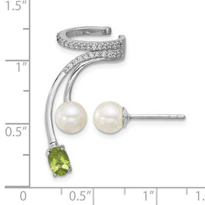 Sterling Silver Rhodium-plated CZ, White Freshwater Cultured Pearl and .49ct Oval Peridot Post and Cuff Asymmetric Earrings