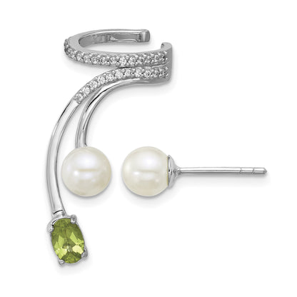 Sterling Silver Rhodium-plated CZ, White Freshwater Cultured Pearl and .49ct Oval Peridot Post and Cuff Asymmetric Earrings