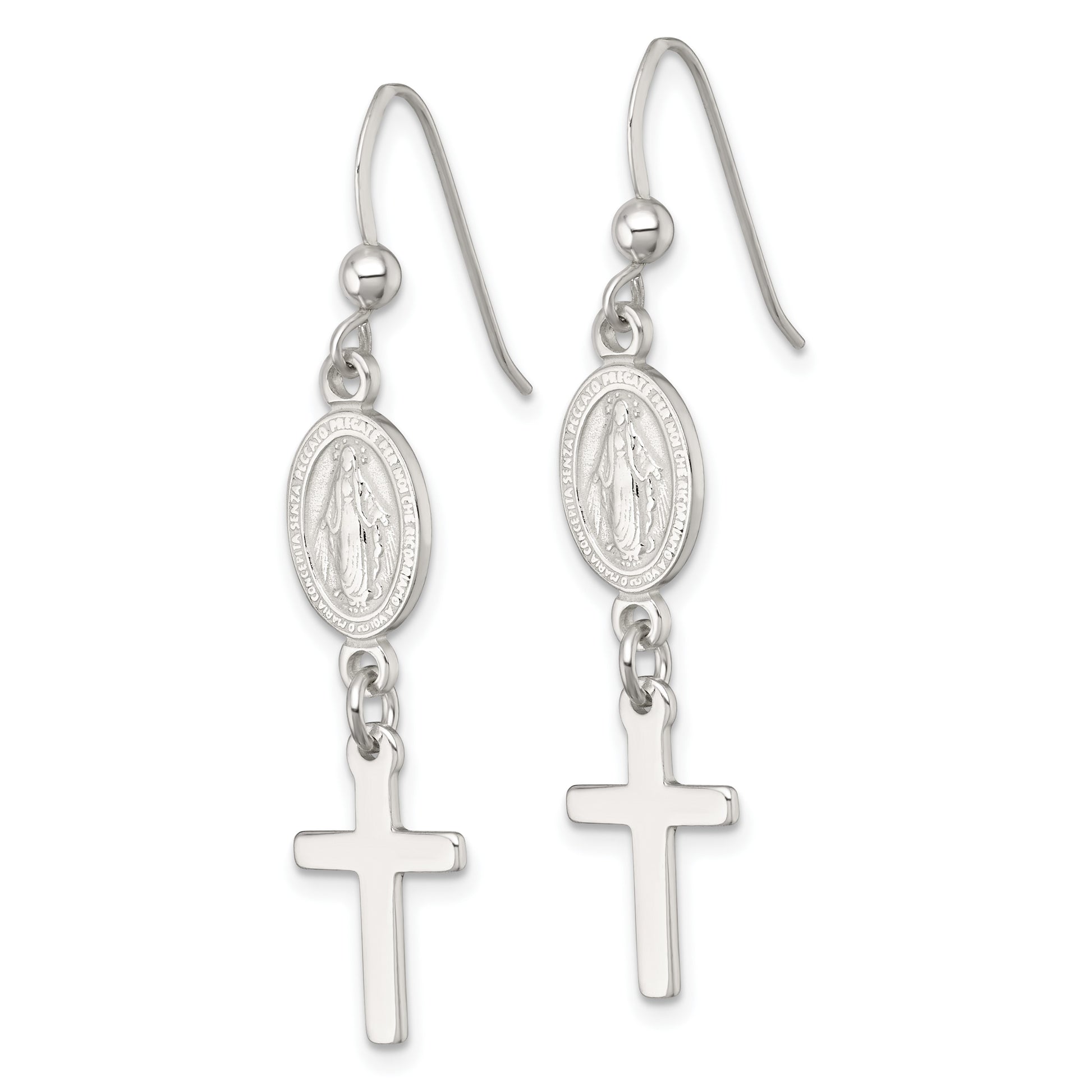 Sterling Silver Polished Spanish Miraculous Medal and Cross Dangle Shepherd Hook Earrings