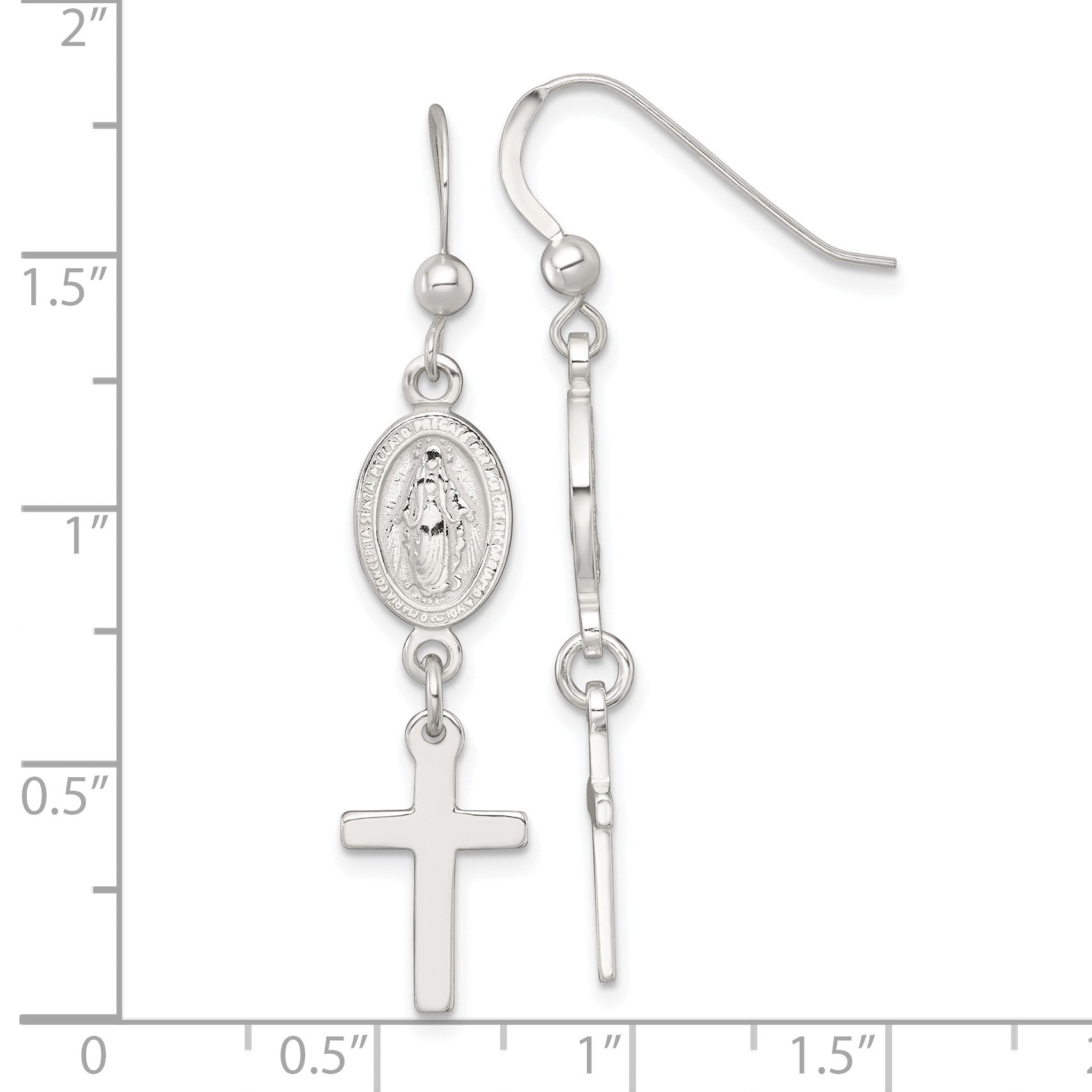 Sterling Silver Polished Spanish Miraculous Medal and Cross Dangle Shepherd Hook Earrings