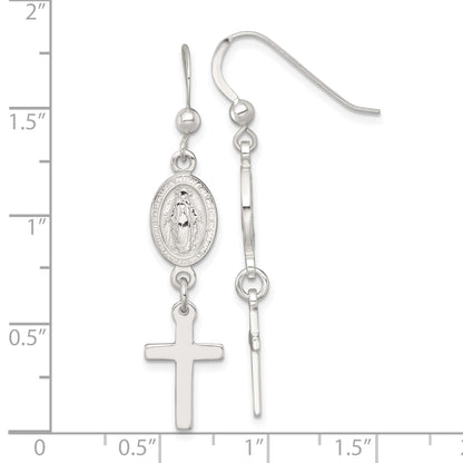 Sterling Silver Polished Spanish Miraculous Medal and Cross Dangle Shepherd Hook Earrings