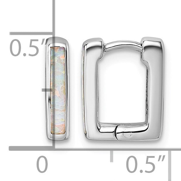 Sterling Silver Rhodium-plated Polished Lab Created Opal Square Hinged Hoop Earrings