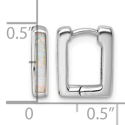Sterling Silver Rhodium-plated Polished Lab Created Opal Square Hinged Hoop Earrings
