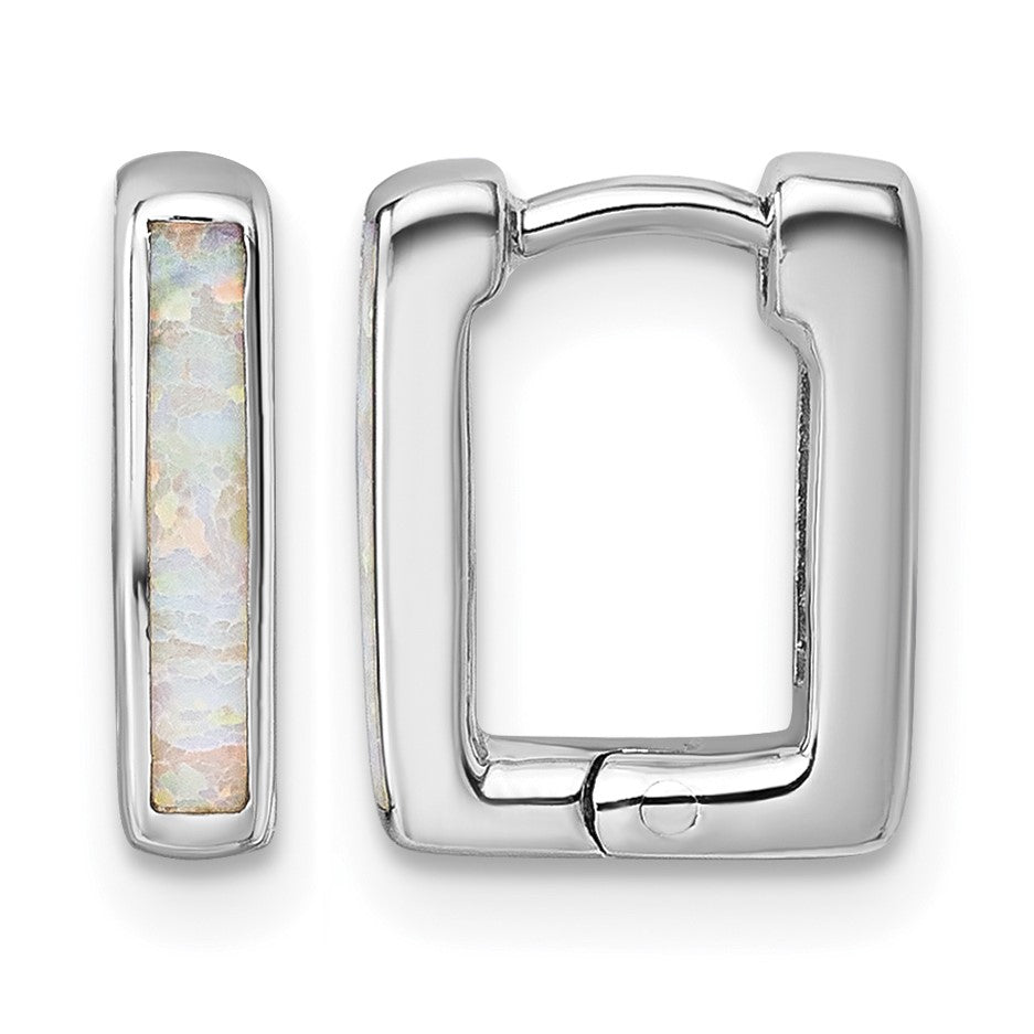 Sterling Silver Rhodium-plated Polished Lab Created Opal Square Hinged Hoop Earrings
