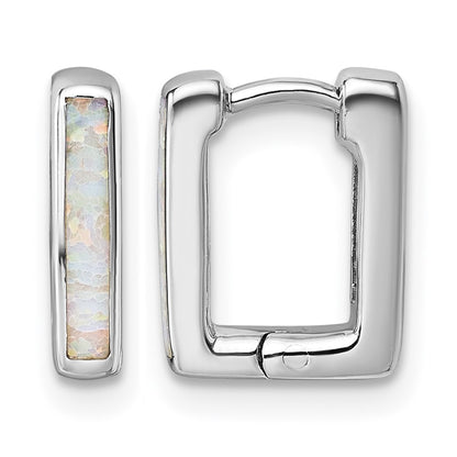 Sterling Silver Rhodium-plated Polished Lab Created Opal Square Hinged Hoop Earrings