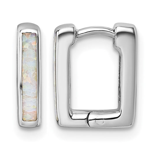 Sterling Silver Rhodium-plated Polished Lab Created Opal Square Hinged Hoop Earrings