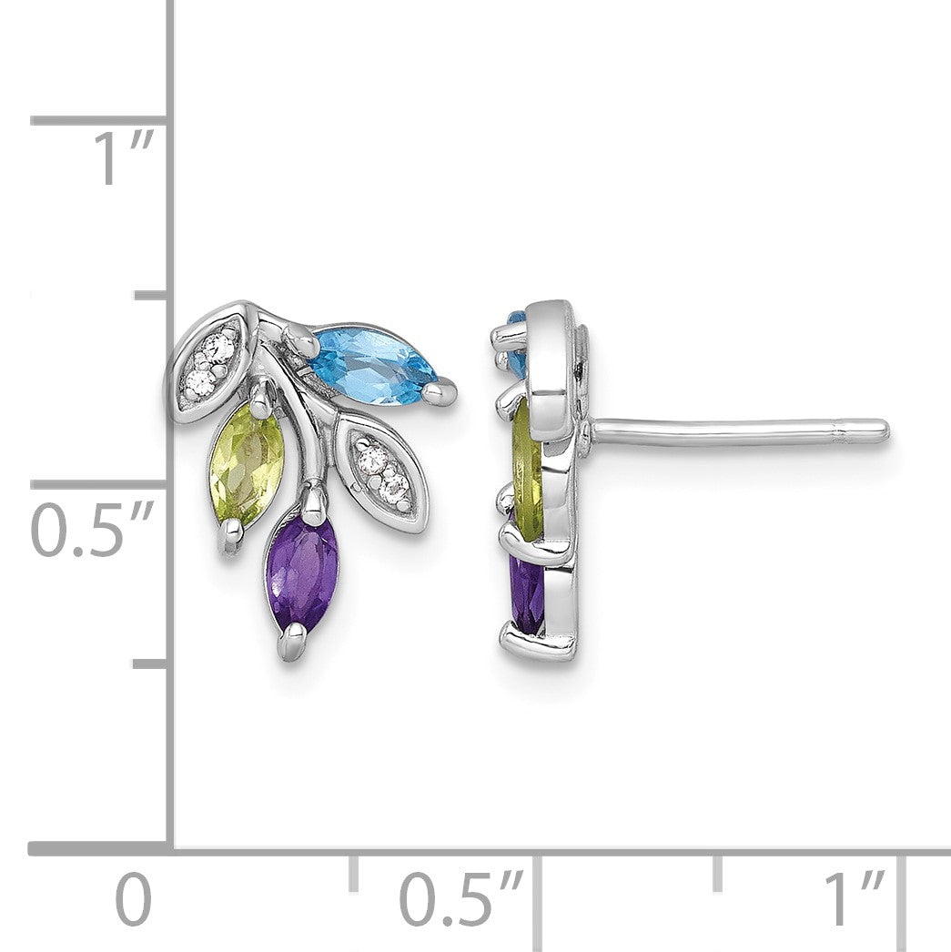 Sterling Silver Rhodium-plated Polished Amethyst, Peridot, and Blue and White Topaz Leaf Post Earrings