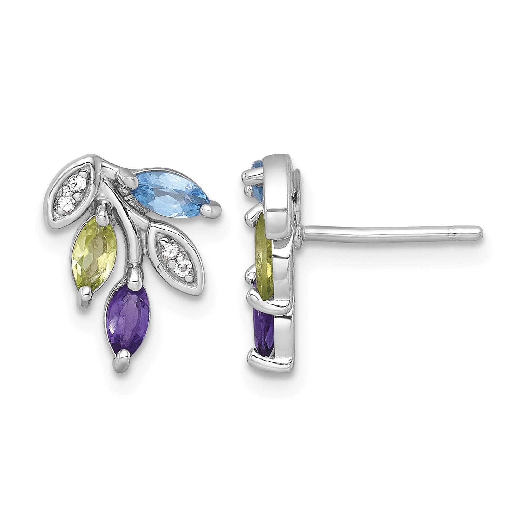 Sterling Silver Rhodium-plated Polished Amethyst, Peridot, and Blue and White Topaz Leaf Post Earrings