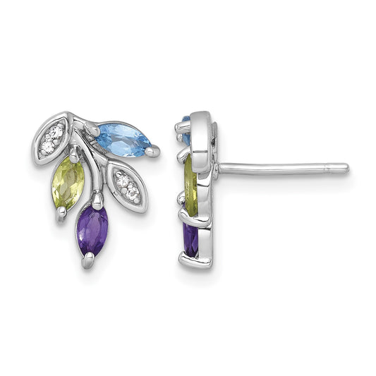 Sterling Silver Rhodium-plated Polished Amethyst, Peridot, and Blue and White Topaz Leaf Post Earrings