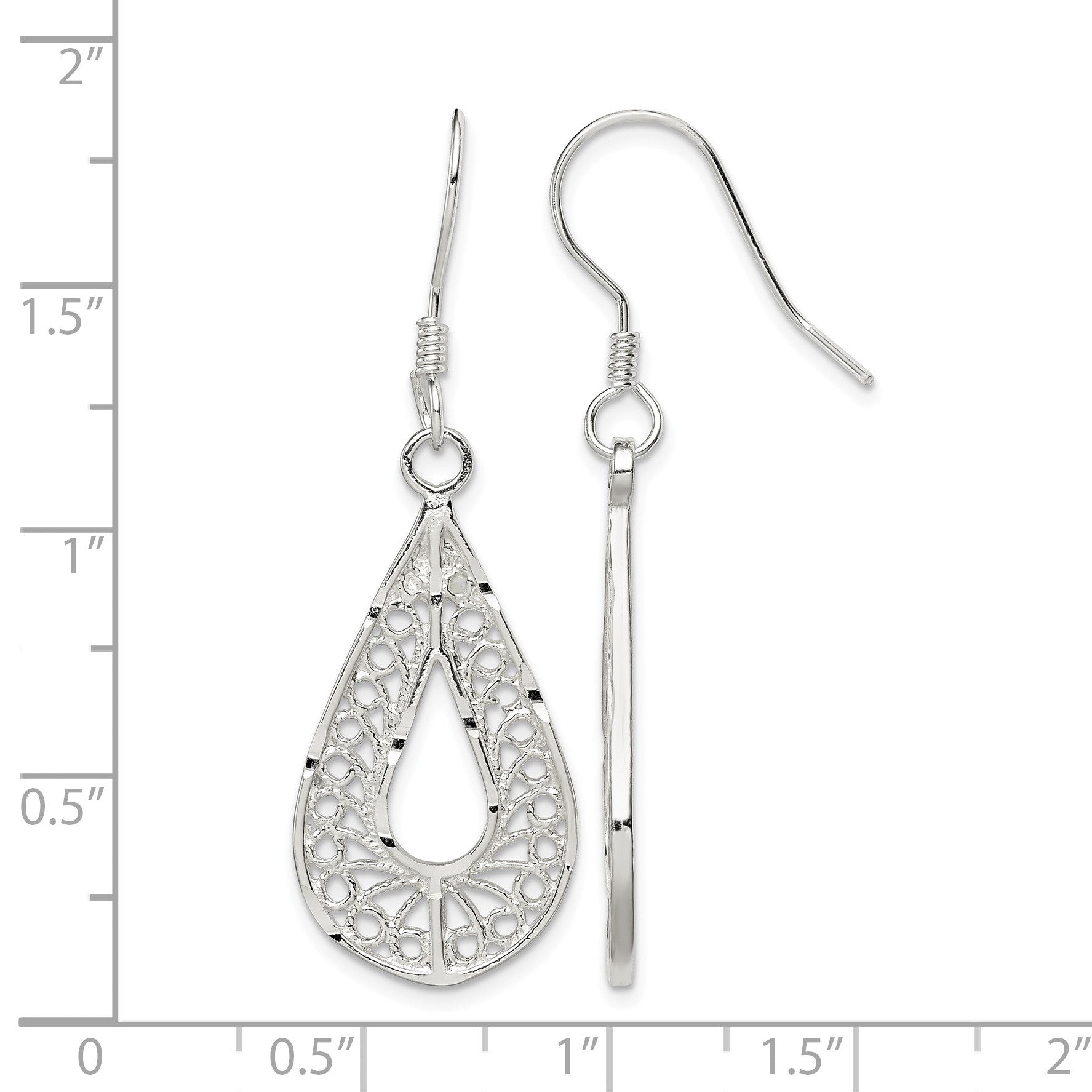Sterling Silver Polished Textured D/C Filigree Teardrop Dangle Earrings