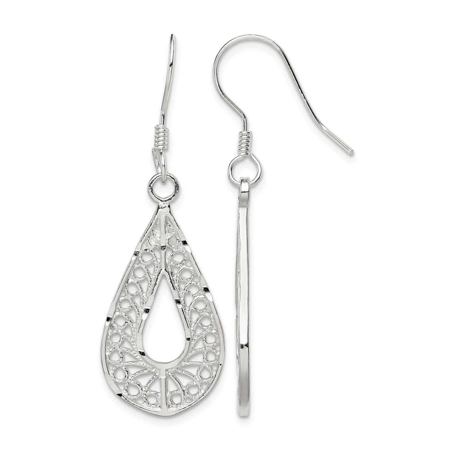 Sterling Silver Polished Textured D/C Filigree Teardrop Dangle Earrings