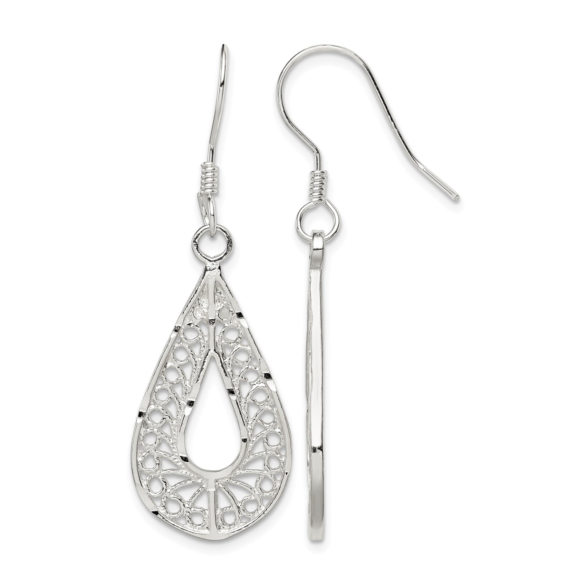 Sterling Silver Polished Textured D/C Filigree Teardrop Dangle Earrings
