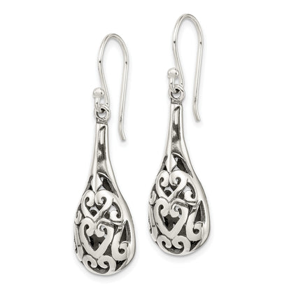 Sterling Silver Polished & Antiqued Filigree Heart Teardrop Dangle Earrings