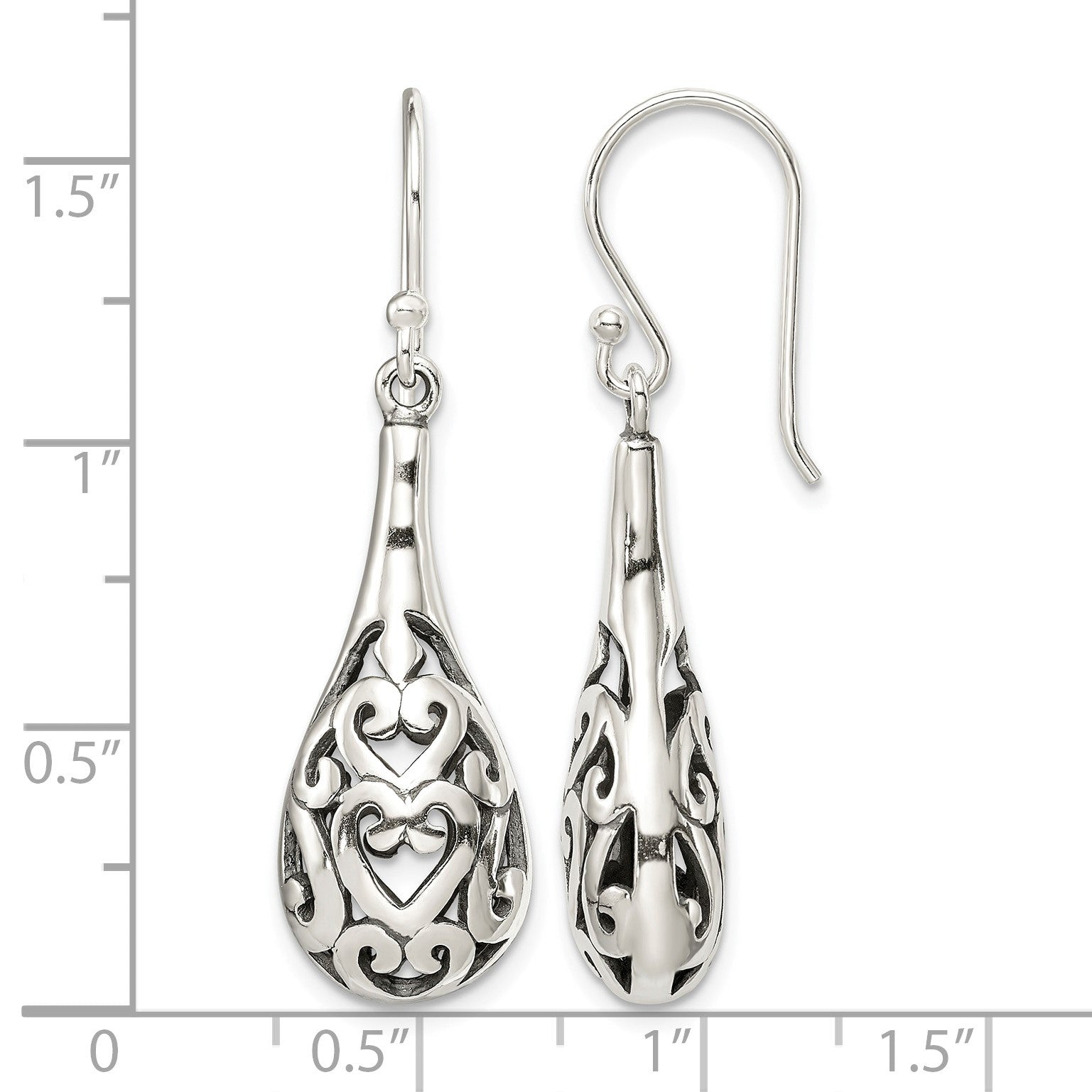 Sterling Silver Polished & Antiqued Filigree Heart Teardrop Dangle Earrings