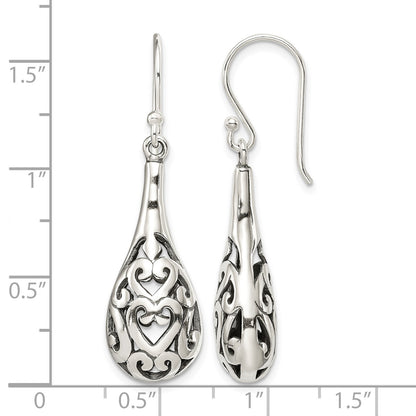 Sterling Silver Polished & Antiqued Filigree Heart Teardrop Dangle Earrings