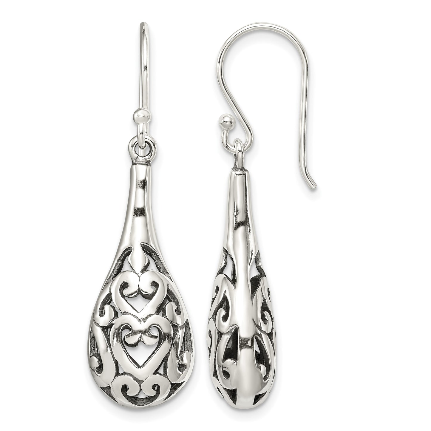 Sterling Silver Polished & Antiqued Filigree Heart Teardrop Dangle Earrings