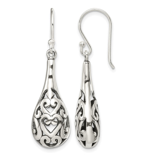 Sterling Silver Polished & Antiqued Filigree Heart Teardrop Dangle Earrings