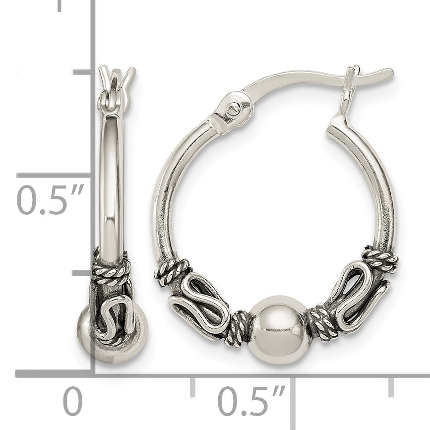 Sterling Silver Antiqued Fancy Beaded Hoop Earrings