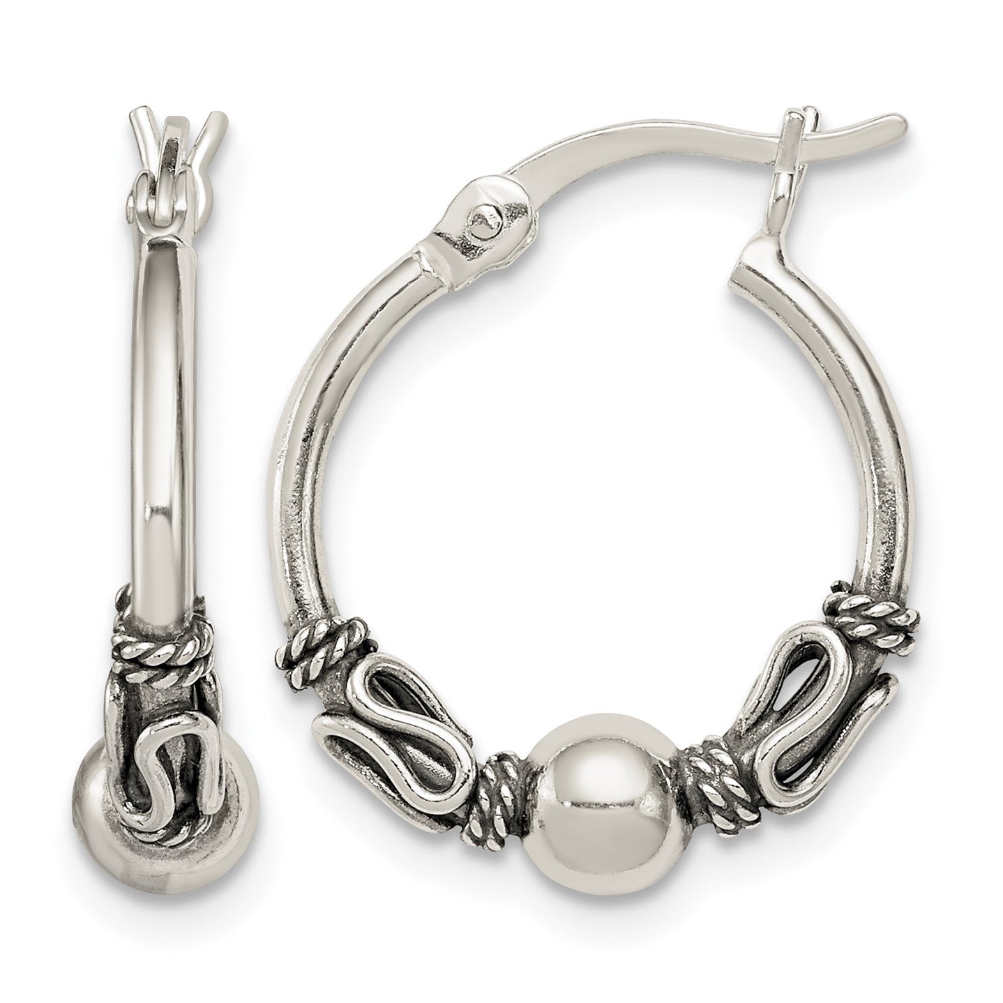 Sterling Silver Antiqued Fancy Beaded Hoop Earrings
