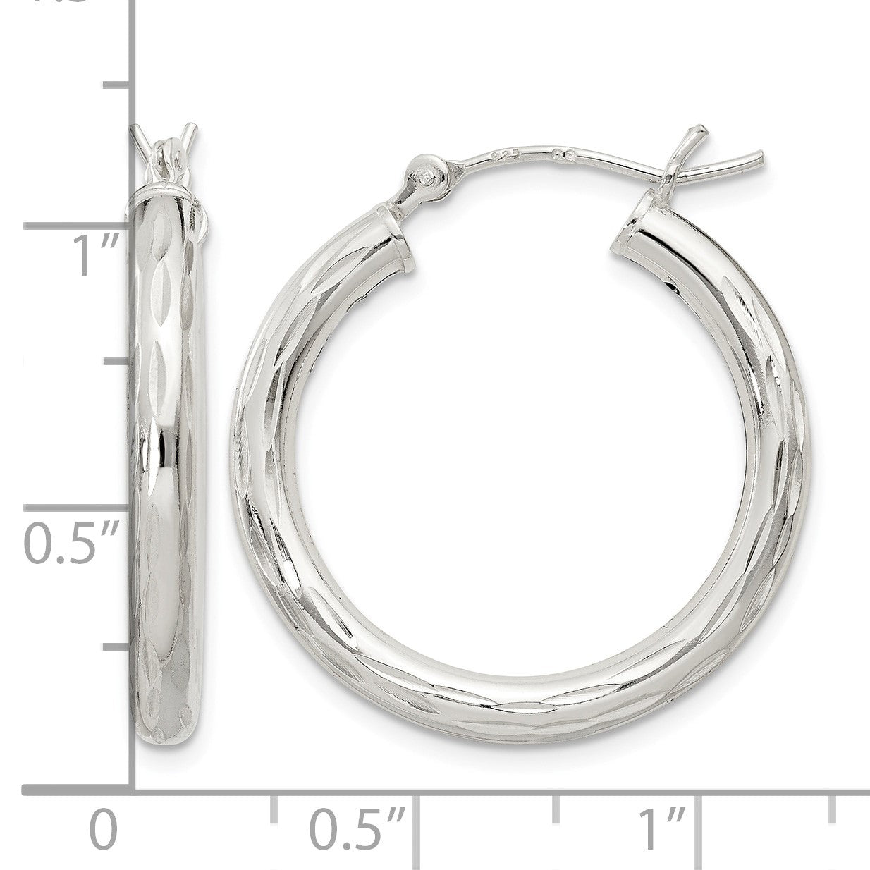Sterling Silver Diamond-cut Satin 3x25mm Hoop Earrings