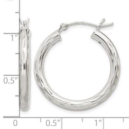 Sterling Silver Diamond-cut Satin 3x25mm Hoop Earrings