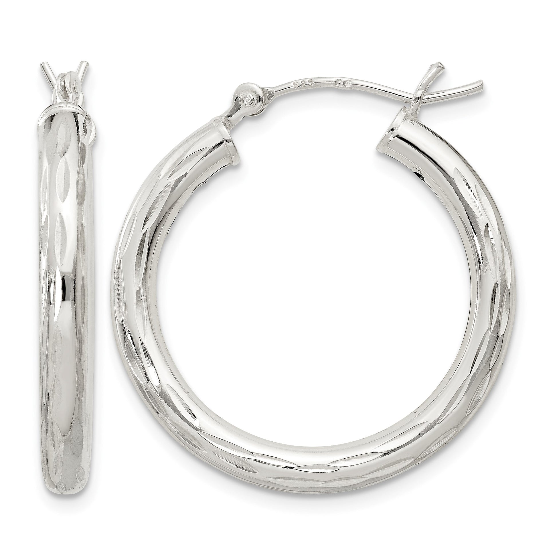 Sterling Silver Diamond-cut Satin 3x25mm Hoop Earrings