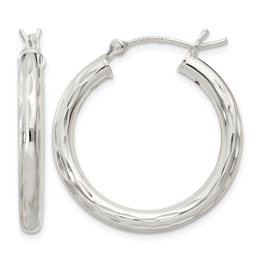 Sterling Silver Diamond-cut Satin 3x25mm Hoop Earrings