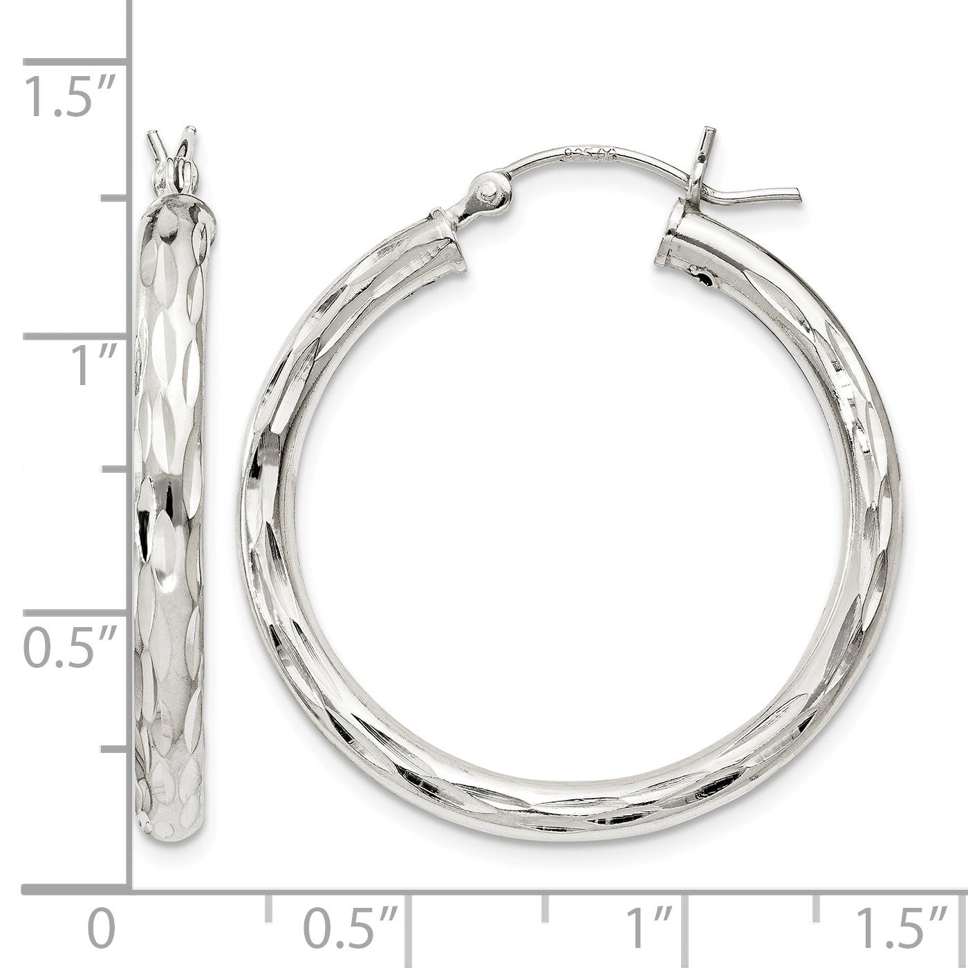 Sterling Silver Diamond-cut Satin 3x30mm Hoop Earrings