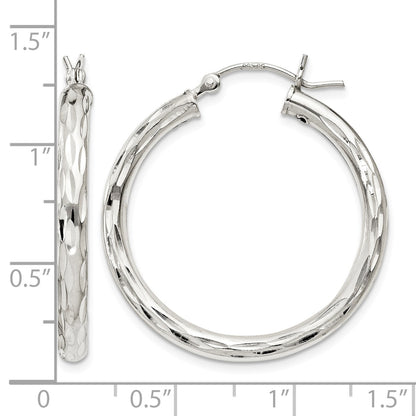 Sterling Silver Diamond-cut Satin 3x30mm Hoop Earrings