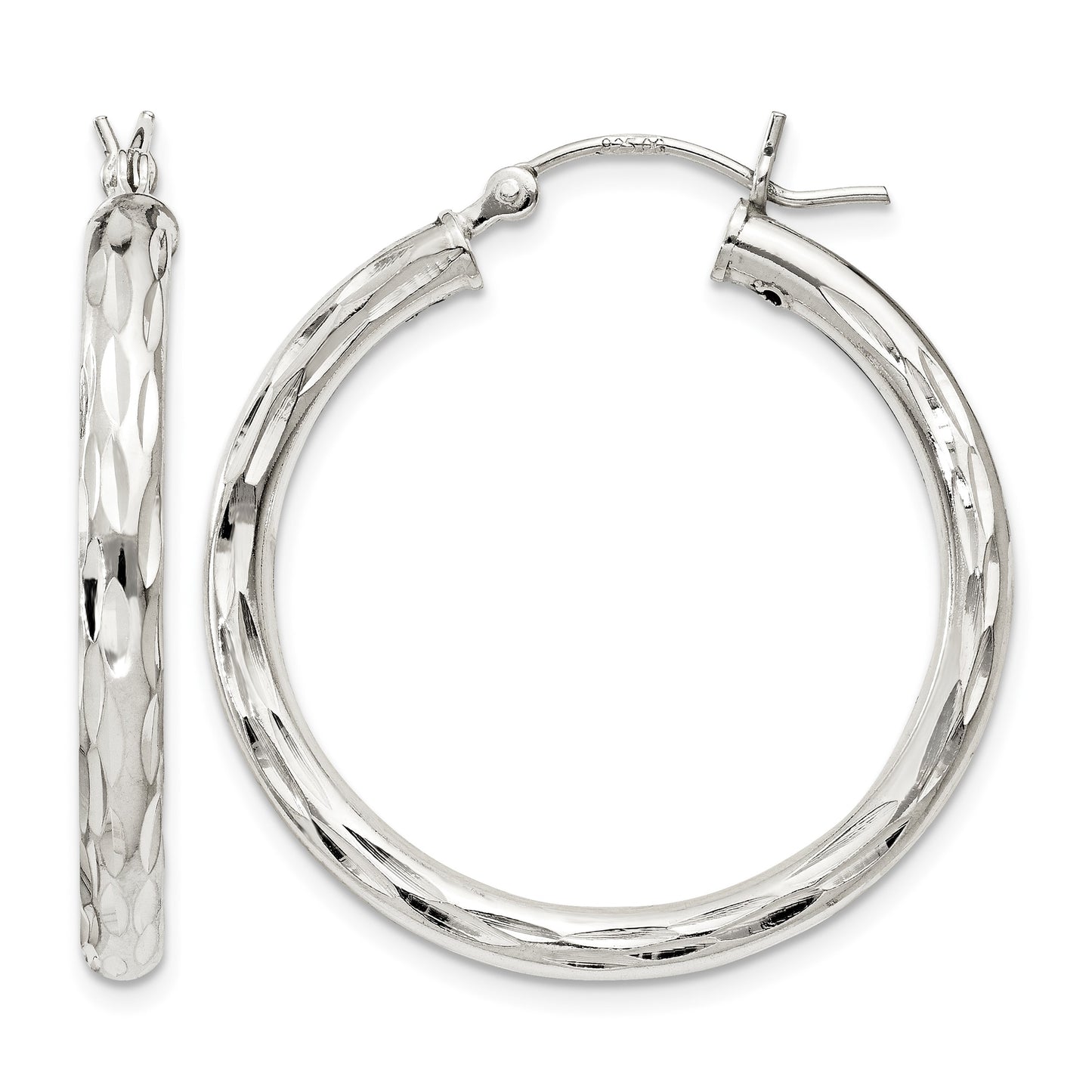 Sterling Silver Diamond-cut Satin 3x30mm Hoop Earrings