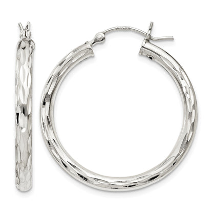 Sterling Silver Diamond-cut Satin 3x30mm Hoop Earrings