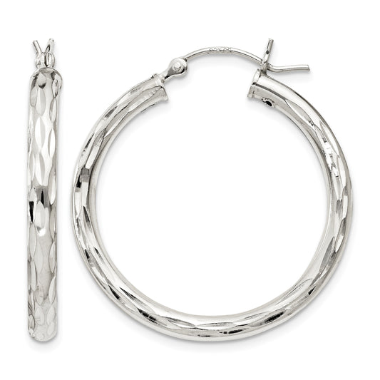 Sterling Silver Diamond-cut Satin 3x30mm Hoop Earrings
