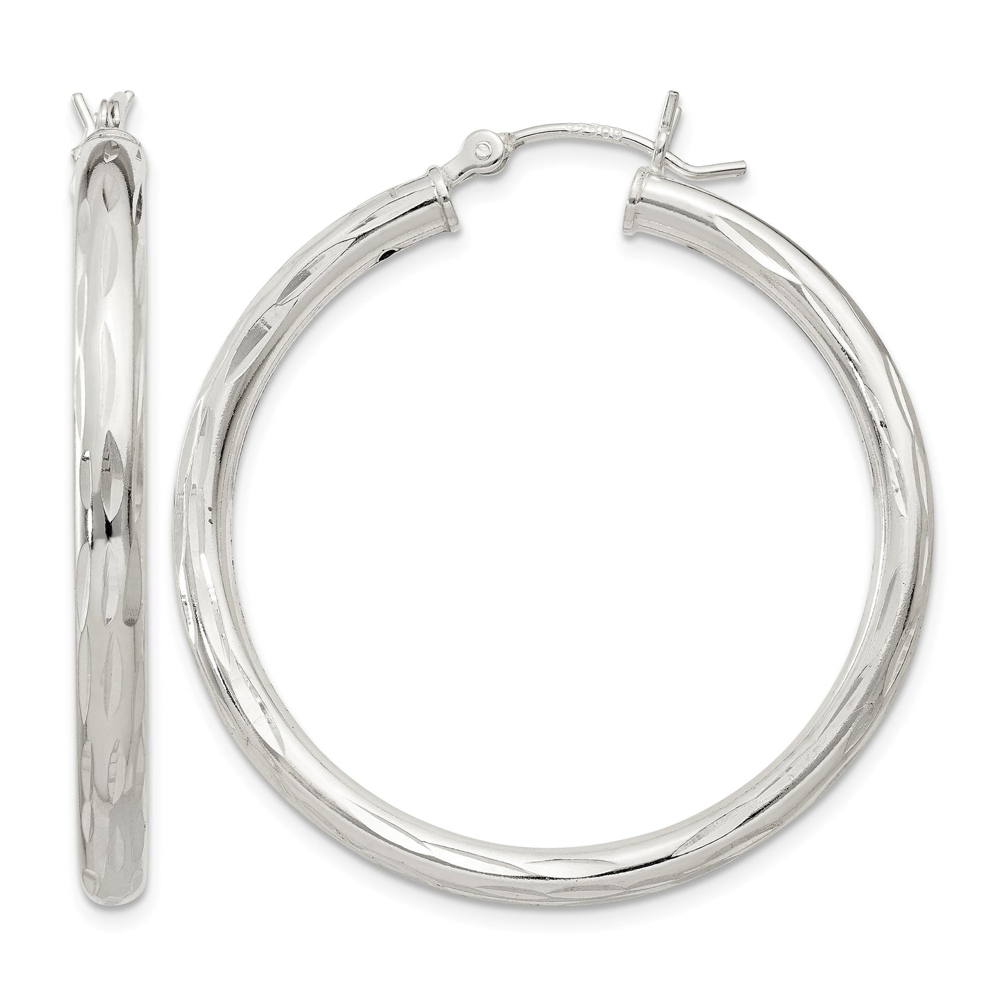 Sterling Silver Diamond-cut Satin 3x35mm Hoop Earrings