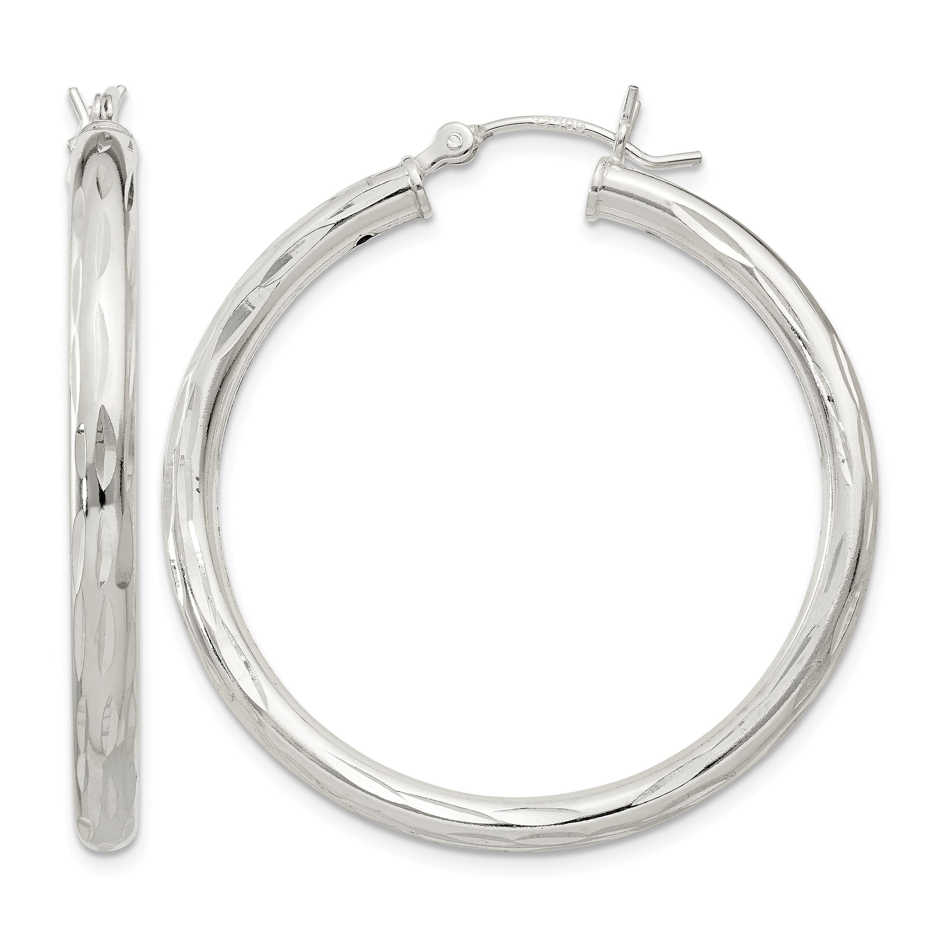 Sterling Silver Diamond-cut Satin 3x35mm Hoop Earrings