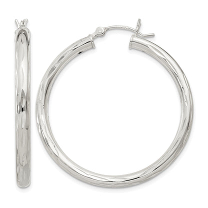 Sterling Silver Diamond-cut Satin 3x35mm Hoop Earrings