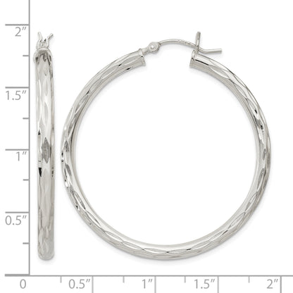 Sterling Silver Diamond-cut Satin 3x40mm Hoop Earrings