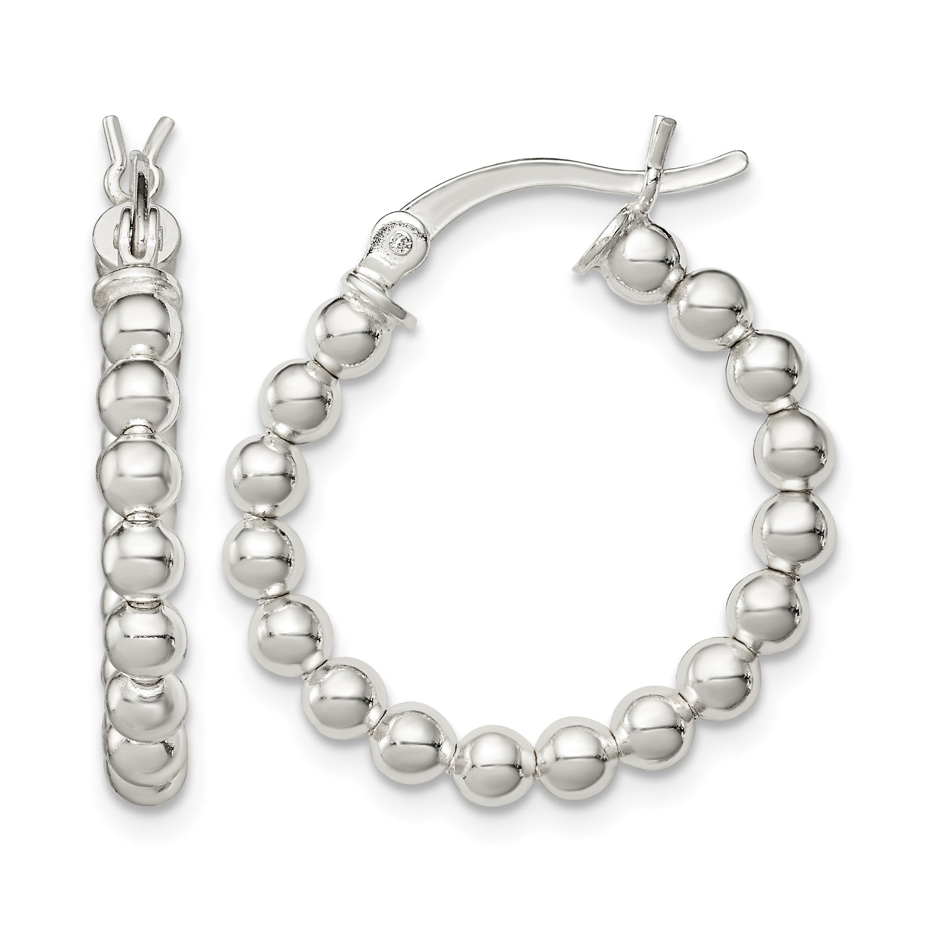 Sterling Silver Polished Beaded Hoop Earrings